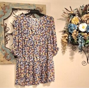 Umgee Blue and Yellow Floral Mini Dress. Excellent Condition NWOT Size Large